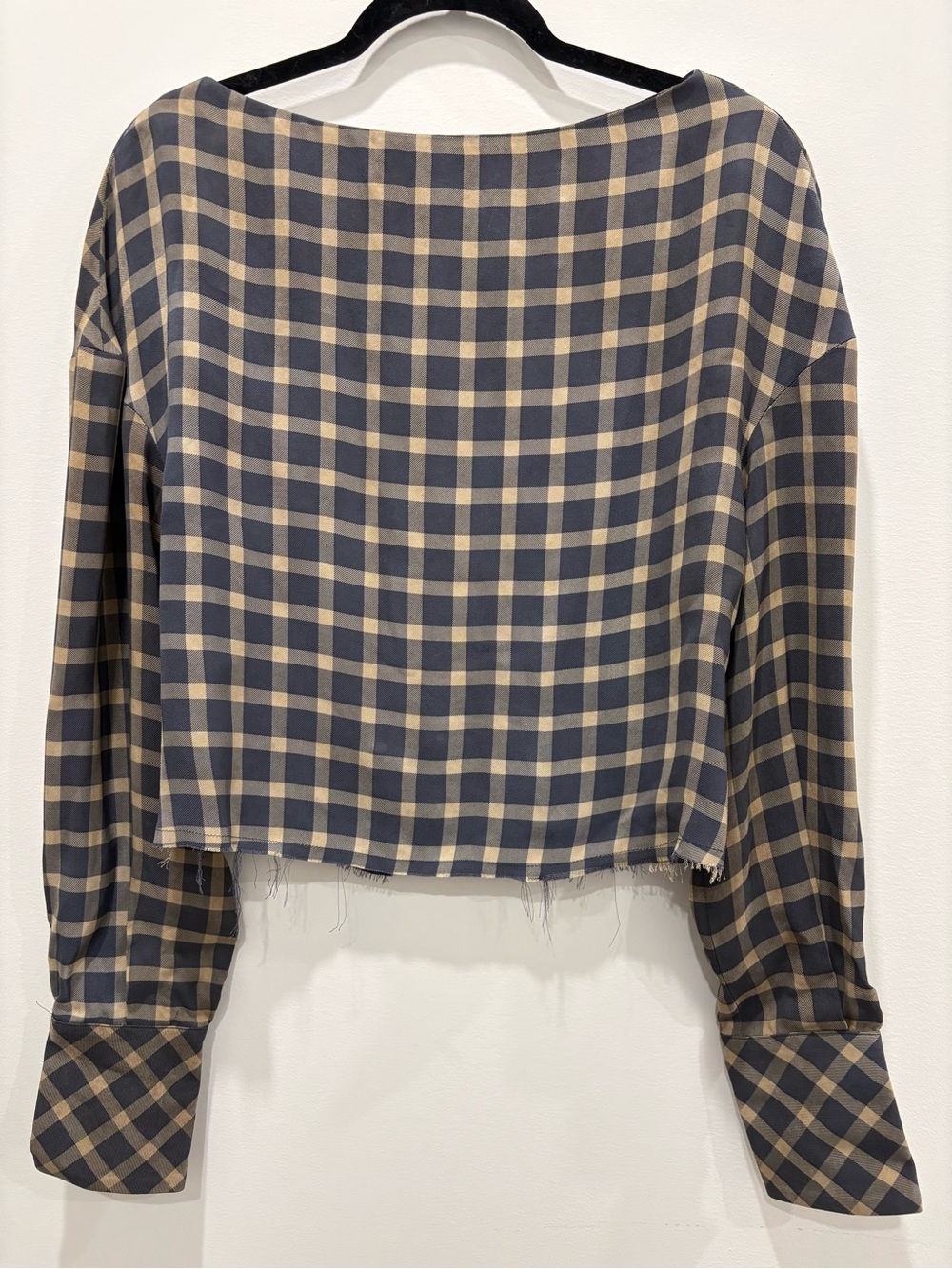 Miista Navy and Beige Checked Boatneck Long-Sleeve Top